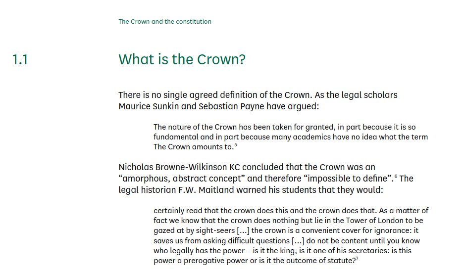 Excerpt titled What is the Crown? describing the Crown as an amorphous, abstract concept and a convenient cover for ignorance.